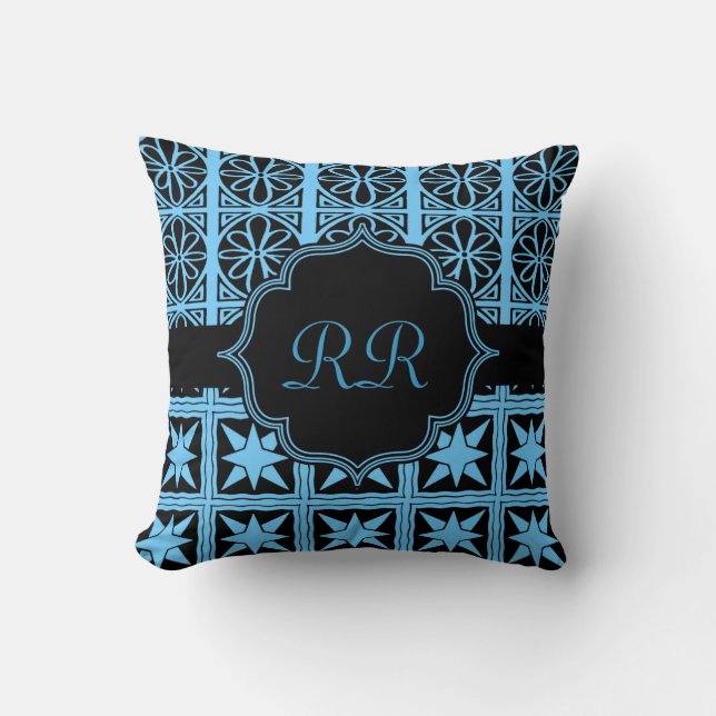 Monogramme à deux côtés Coussin bleu et noir (Recto)