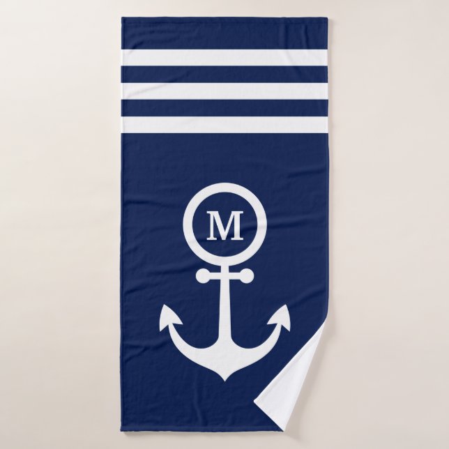 Monogramme Ancre bleue de la marine marine sur mes (Serviette de bain)