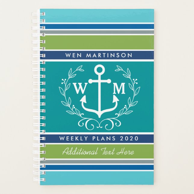 Monogramme Ancre Laurel Wreath Stripes Aqua (Devant)