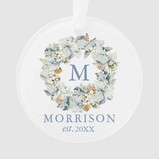 Monogramme Aquarelle Bleu Dusté Floral Wreath (devant)