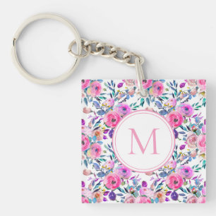 Monogramme Aquarelle rose Floral Porte - clé