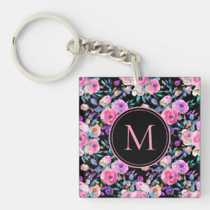 Monogramme Aquarelle rose noir Porte - clé Floral