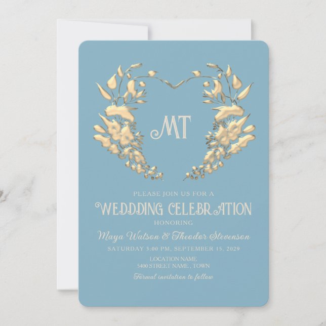 Monogramme baroque Faire-part de mariage or bleu (Devant)