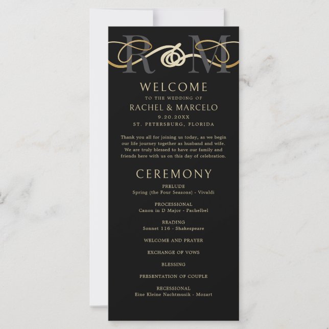 Monogramme Black Gold Elegant Wedding Programme (Devant)