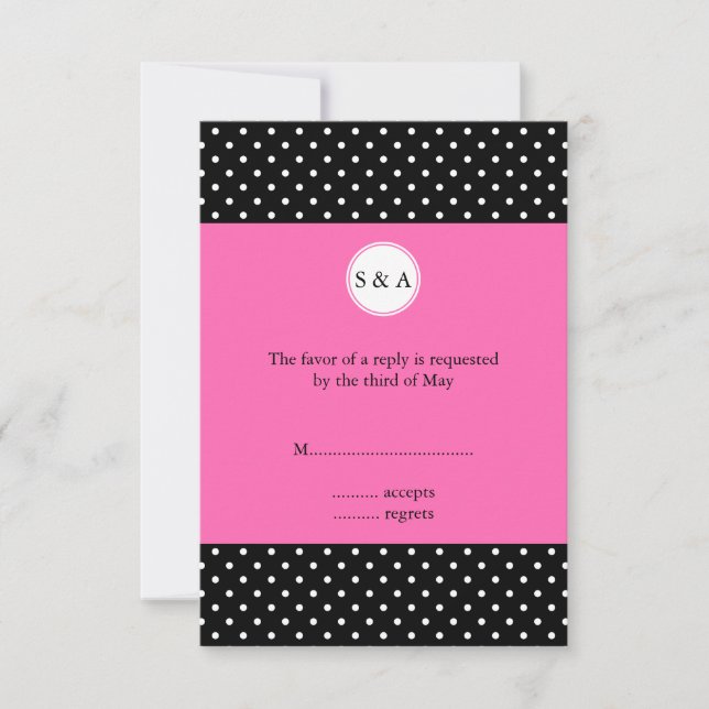 Monogramme blanc noir, rose chaud Poka Dot RSVP (Devant)