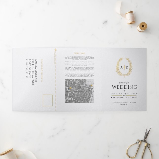 Monogramme blanc or noir repas mariage RSVP carte (Extérieur)