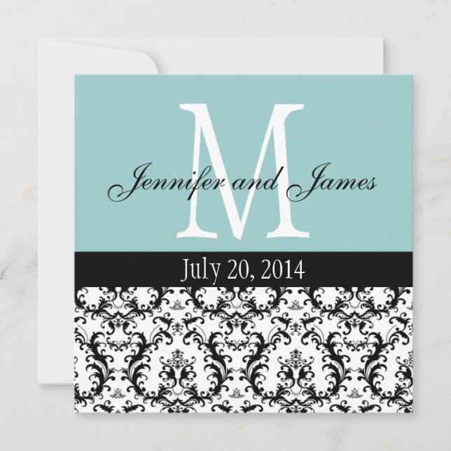 Monogramme bleu blanc Damas Faire-part de mariage (Devant)