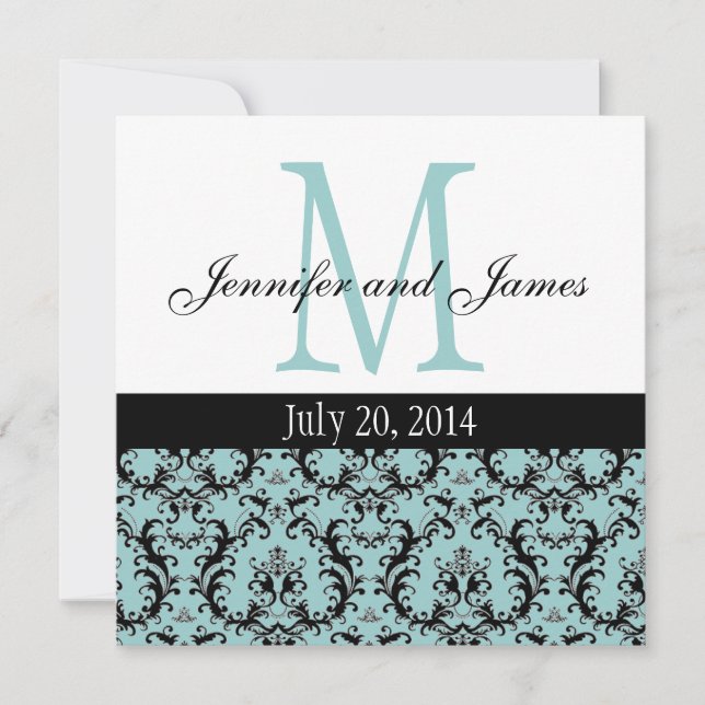 Monogramme bleu blanc Damas Faire-part de mariage (Devant)