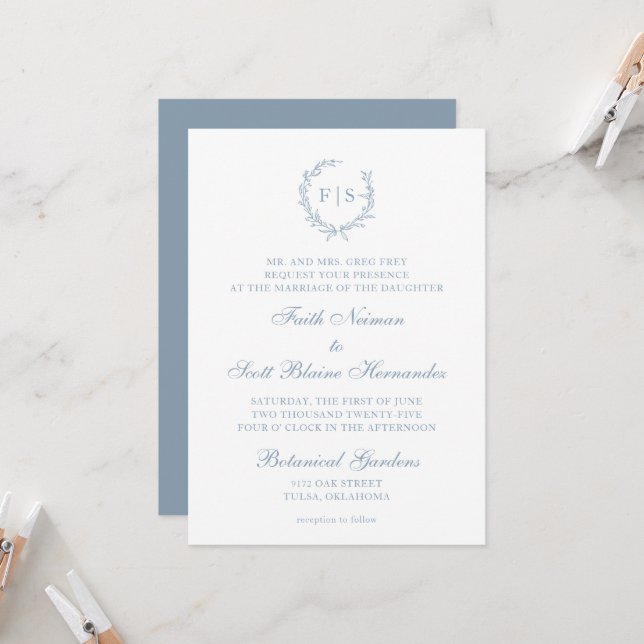Monogramme bleu clair traditionnel Invitation à la (Devant/Arrière en situation)