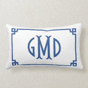Monogramme bleu Clé grecque Lumbar Coussin