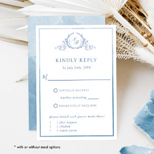 Monogramme bleu et aquarelle Mariage élégant RSVP