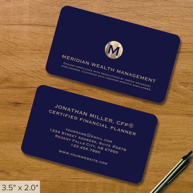 Monogramme bleu et or Carte de visite financier (Créateur téléchargé)