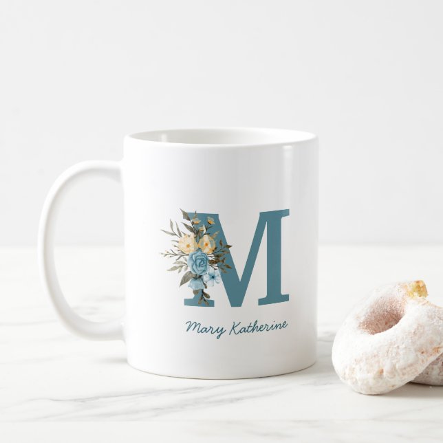 Monogramme bleu floral Mug café personnalisé (Avec donut)