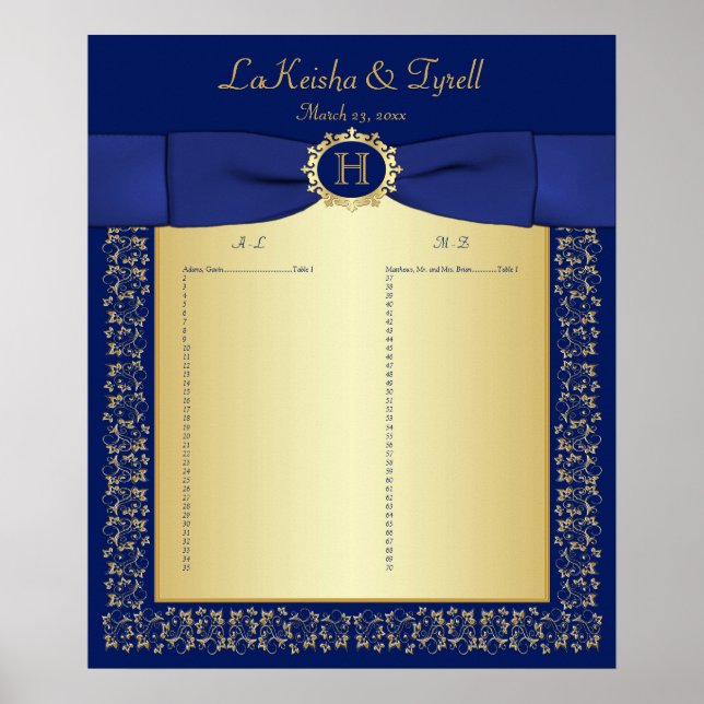 Monogramme Bleu, Gold Floral Poster de siège 2 (Devant)