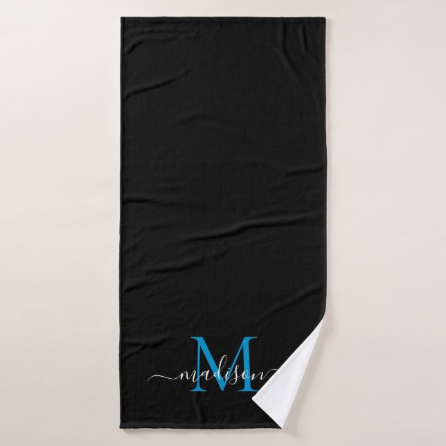 Monogramme bleu océanique moderne chic Nom du scri (Serviette de bain)