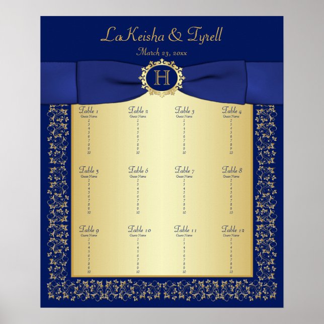 Monogramme Bleu, Or Floral Poster de la table assi (Devant)