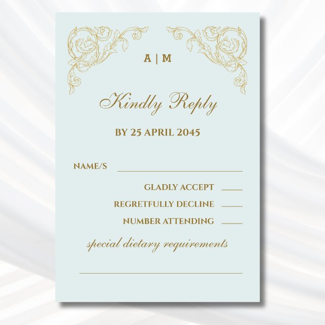 Monogramme bleu Vintage Mariage baroque Carte RSVP (Créateur téléchargé)
