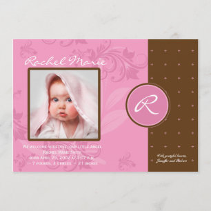 Monogramme Brown et rose Photo Faire-part bébé