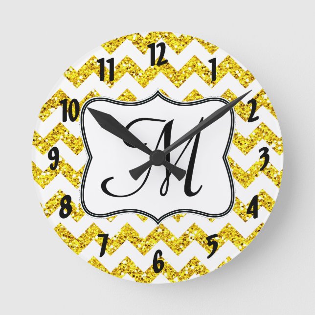 Monogramme Chevron jaune moderne Horloge murale in (Recto)