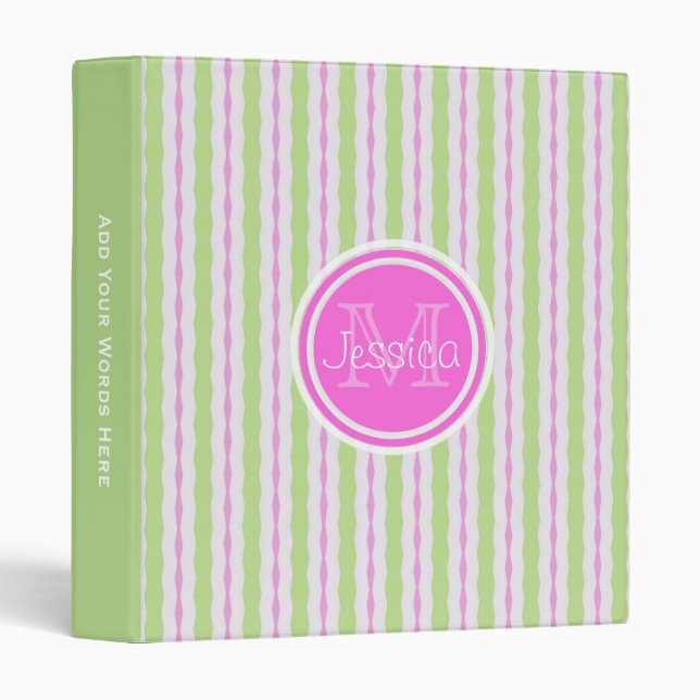 Monogramme : Classeur rayé 3 de rose et de vert (Devant/Côté)
