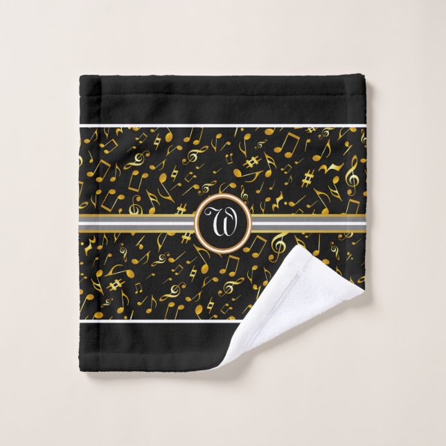 Monogramme classique avec Gold Music Notes sur BLA (Gant de toilette)