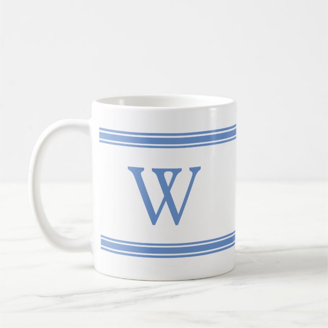 Monogramme classique Bleu strié Mug personnalisé (Gauche)