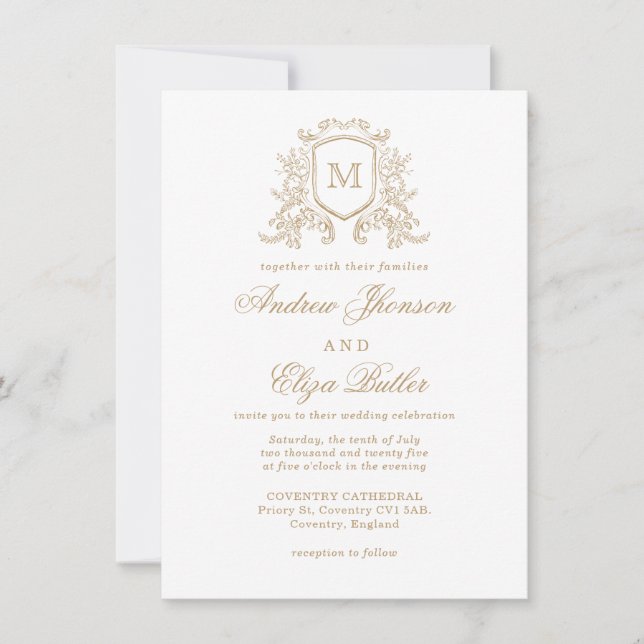 Monogramme classique Faire-part de mariage or et b (Devant)