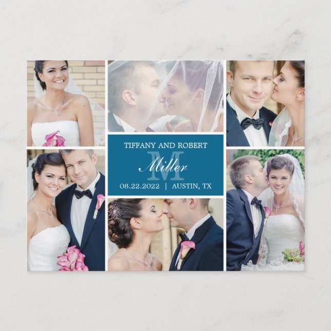Monogramme Collage Mariage Faire-part - Bleu (Devant)