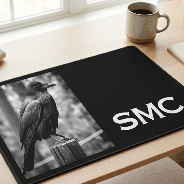 Monogramme Corbeau Noir et Blanc (A sleek black and white raven desk mat for a writer's stylish home office upgrade.)