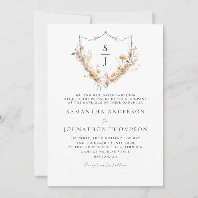 Monogramme Crest Floral Faire-part de mariage (Devant)