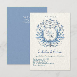 Monogramme Crest Rococo faire-part de mariage bleu