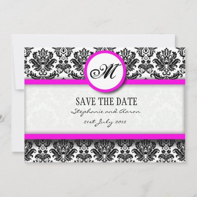 Monogramme Damas noir et rose Enregistrer la carte (Devant)