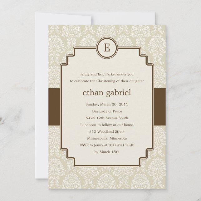 Monogramme Damask Baptême/Christening Invitation - (Devant)