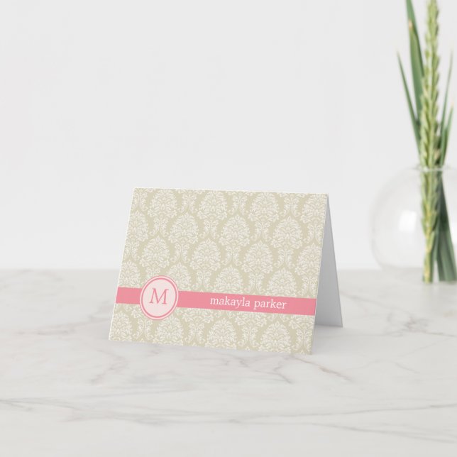 Monogramme Damask Carte de remerciements - rose (Devant)