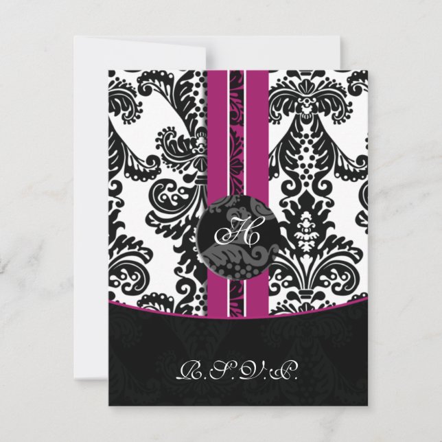 monogramme damask carte rsvp fuchsia (Devant)