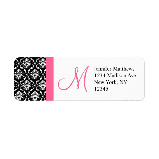 Monogramme Damask Étiquettes de adresse roses (Devant)