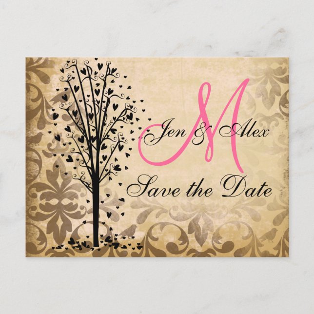 Monogramme Damask Heart Tree Enregistrer les carte (Devant)