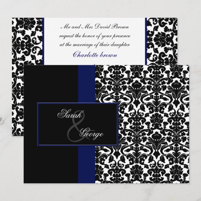 monogramme damask marine faire-part de mariage (Devant / Derrière)