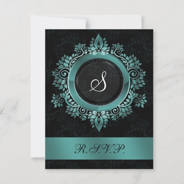 monogramme d'aqua fleuri élégant mariage RSVP (Devant)