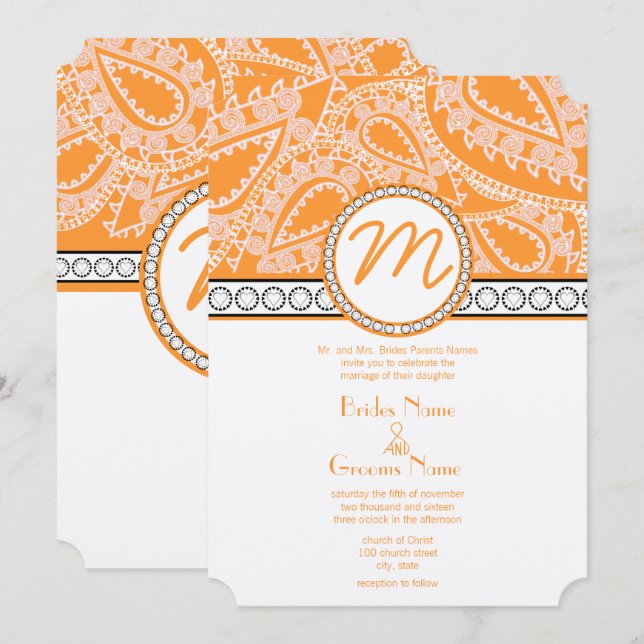 Monogramme de corail orange Paisley Faire-part de  (Devant / Derrière)
