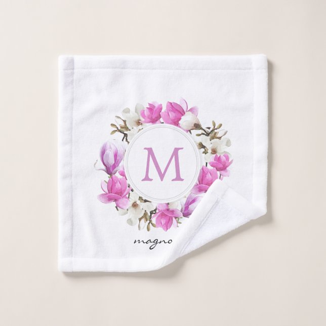 Monogramme de couronne d'aquarelle Magnolia (Gant de toilette)