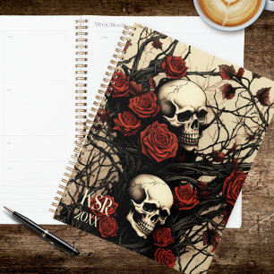 Monogramme de crânes gothiques et de roses rouges 