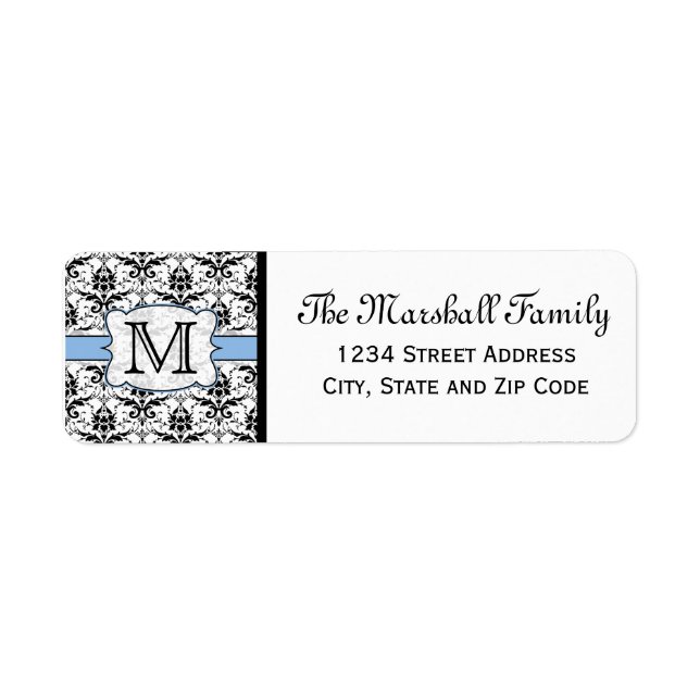 Monogramme de Damas bleu clair Retourner l'adresse (Devant)