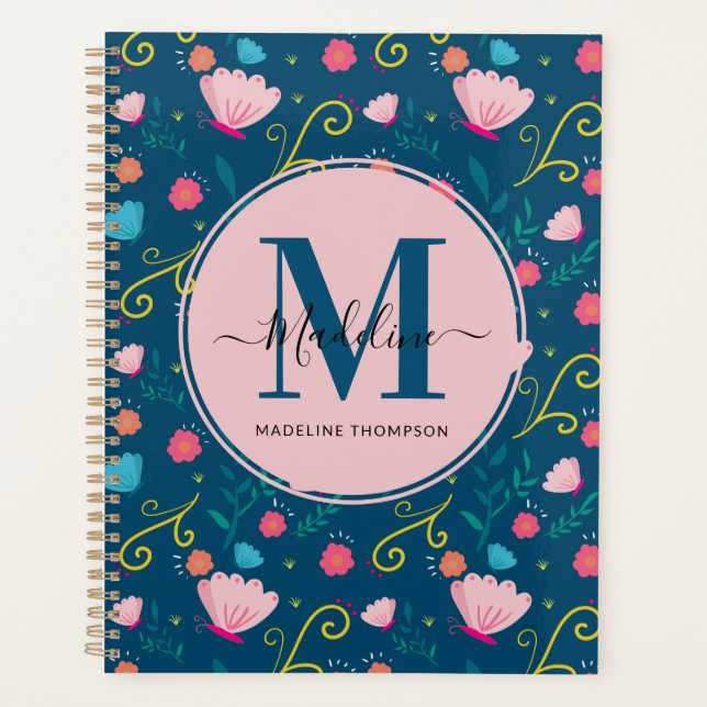 Monogramme de fleurs de papillon rose bleu marine (Devant)