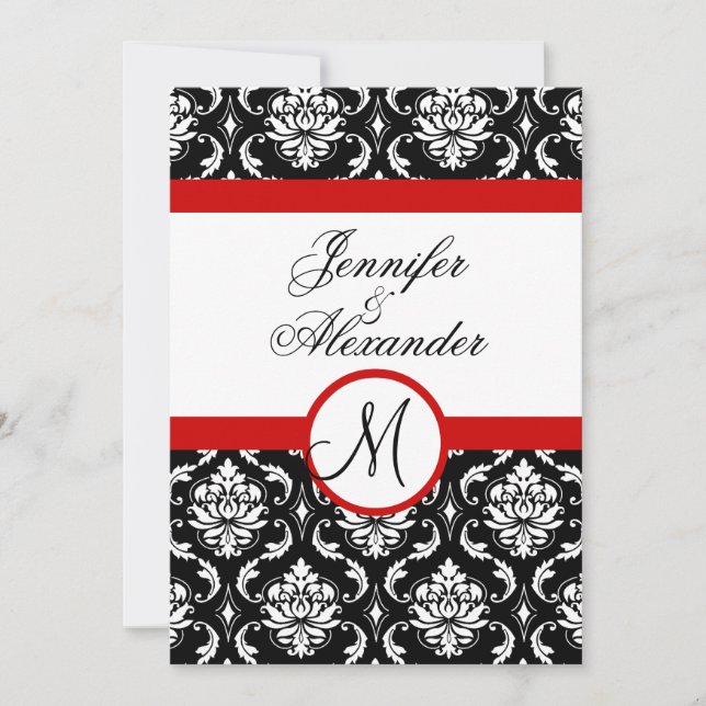 Monogramme de mariage Invitation en damassé rouge  (Devant)