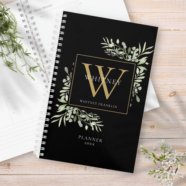 Monogramme de nom de aquarelle de verdure moderne (Modern Greenery Watercolor Monogram Name Planner)