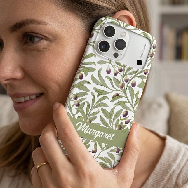  Monogramme de nom de branche d'olive vert sauge  (Olive Branch Name Monogram Sage Green iPhone Case)