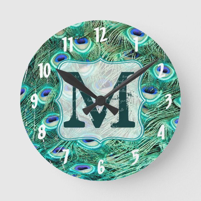 Monogramme de plumes d'oiseaux de paon Horloge mur (Recto)