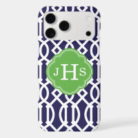 Monogramme de treillis moderne bleu marine et vert