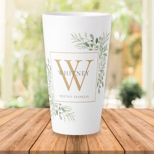 Monogramme d'or Élégante verdure moderne Latte Mug (Créateur téléchargé)